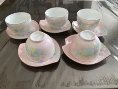 有田焼＊可愛いピンク花柄＊湯呑み＆茶托＊5客セット＊新品未使用品
