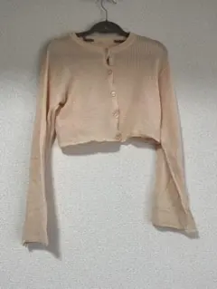 レイカズン　リブ編み ピンク クロップドカーディガン