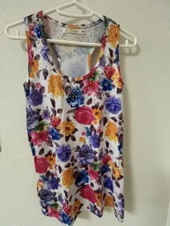 フラワープリント ビーズ付き タンクトップ