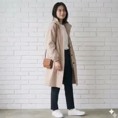 トレンチコートフードミディアム丈膝丈春コート 体型カバー オフィス 通勤ベージュ