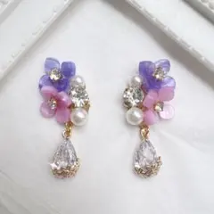 紫陽花パール＆ビジュー＊ジルコニア雫ピアス イヤリングにも変更可能☆