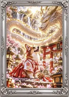 白龍を見上げる巫女コーギー犬｜桜の神社
