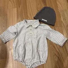 MONBEBE チェック柄ロンパースと帽子セット