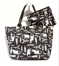 LESPORTSAC 猫とエッフェル塔　トートバッグ　ポーチ付き　黒／白