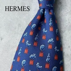 極美品✨️ HERMES ネクタイ うさぎ アニマル柄 ネイビー 高級シルク