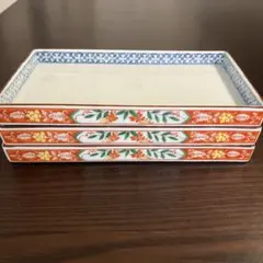 美濃焼 庫山窯 赤絵 桃文様 長皿 角皿 長角皿3枚セット