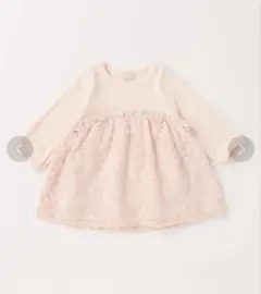 プティマイン　花刺しゅうチュールドッキング６分袖Tシャツ　チュニック　レース