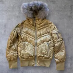 Y2K ファー付き ギャルキルト ダウンジャケット マスタード 短丈