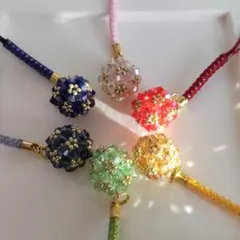 和風　花手毬　ストラップ　チャーム　根付　ガラスビーズ　6個セット　品番66番
