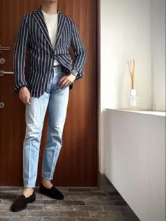 未使用　タリアトーレ コットンリネンジャケット 48 ネイビーストライプ