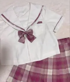 【３点セット】学生服 セーラー襟 ホワイト ピンク りぼん付 半袖