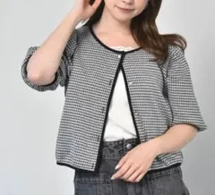 レトロガール　emsexcite千鳥格子柄 五分袖 カーディガン パフ袖