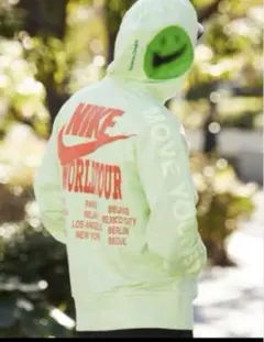 【美品/XL】ナイキ ワールドツアー パーカー ライムグリーン 袖ロゴ スマイル