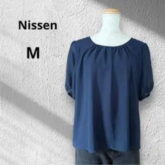 ネイビー 半袖 ラウンドネック ブラウス　シースルー　シアー　Mサイズ