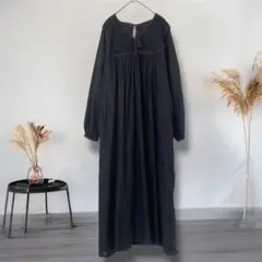 【Noia】長袖ワンピース フリーサイズ ブラック Vネック 紐フリンジ