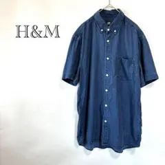 【H&M】 デニムシャツ M ネイビー 半袖 ボタンダウン カジュアル シンプルのサムネイル
