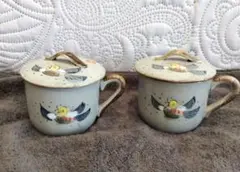 茶碗蒸し　蓋付き陶器　鳥と花のデザイン　 バラエティカップペセット