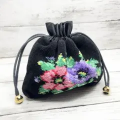 フェイラー ポーチ 黒×グリーン×マルチ 巾着型/花柄