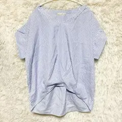 NICE CLAUP 青と白のストライプ 半袖シャツ Vネック サイズフリー