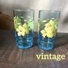 昭和レトロ︎✦︎ヴィンテージ︎✦︎アデリア︎✦︎花柄︎✦︎ブルーガラス︎✦︎コップ︎✦︎グラス︎✦︎2個