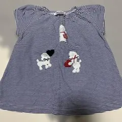 familiar ストライプ犬刺繍Tシャツ 80