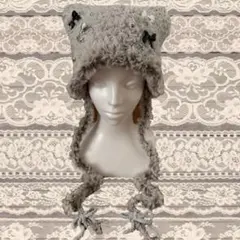 猫耳ニット帽　リボン　ハンドメイド