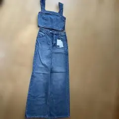 デニムブルー クロップドトップ ワイドパンツ セットアップ XS