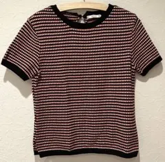 【SALE品】ZARA 半袖ニット トップス M 幾何学柄 赤黒 白のサムネイル