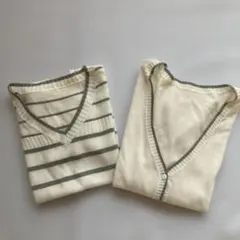 アイボリー グレー ストライプ Vネック 半袖Tシャツ&カーディガンL