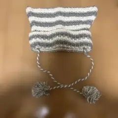 ストライプ猫耳ニット帽 ポンポン付き