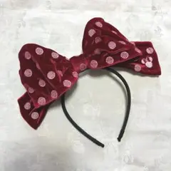 ディズニー　ミニー　カチューシャ　ベロア　 赤　リボン　水玉刺繍　ドット　廃盤品