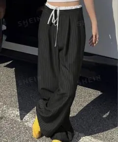 SHEIN ブラック　ストライプ ワイドレッグパンツ