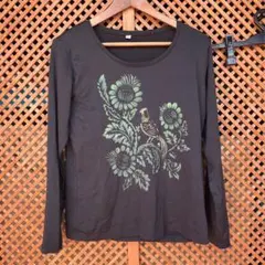 花と鳥のプリント 長袖シャツ XL