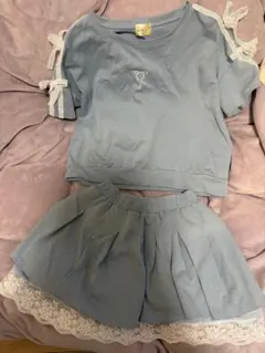 【美品】ブルー セットアップ 半袖トップス＋フレアミニスカート