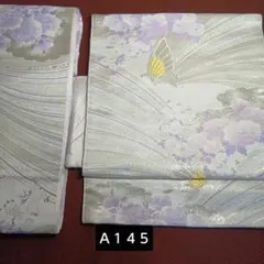 ☆Ａ１４５　二部式作り帯　正絹袋帯　二重太鼓　薄紫色 　花と蝶の模様　 付け帯