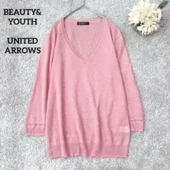 ビューティー&ユース　リネン100% サマーニット　透け感　ピンク　７部袖