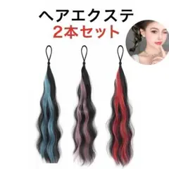 【 2本セット】ヘアエクステ 黒ピンクウェーブ