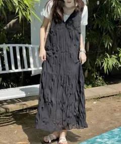 ABITOKYO ワッシャーシフォン キャミワンピース ロング L 黒のサムネイル