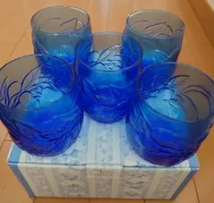 【未使用】地中海グラス青色 花柄 ガラスコップ 5個セット