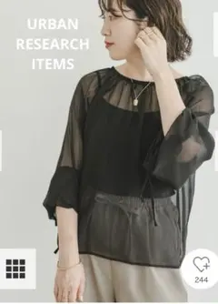 アーバンリサーチアイテムズ シアーストライプギャザーブラウス ブラック 23SS