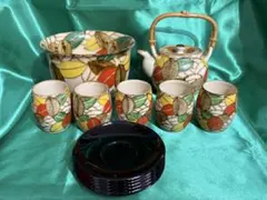 昭和レトロ 色絵 茶器揃 急須 湯呑5客 鉢セット 京焼風 民芸陶器