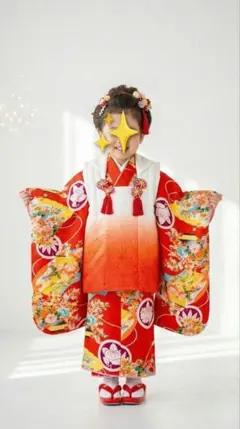 3歳　レトロ朱花籠丸紋　お着物・被布　七五三　アンティーク