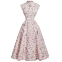 中華風中国風襟ピンク花柄ノースリーブロングワンピース