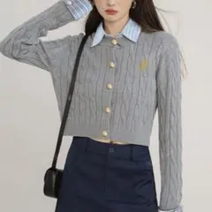 グレー ケーブルニット 長袖セーター