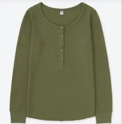 ユニクロ UNIQLO ワッフルヘンリーネックT (長袖) 56オリーブ L