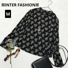 855★インターファッション ボタニカル総柄長袖ブラウス【M】黒 ハイネック
