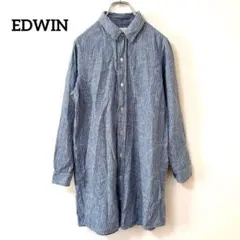 エドウィン【M】チュニック丈ブラウス ストライプ 麻混 ブルー