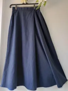 ネイビー フレアロングスカート　ワンタック　綿麻混