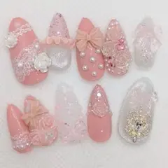 ハンドメイド★ネイルチップ★アーモンド★ギャルネイル★ピンク★プリンセス　リボン