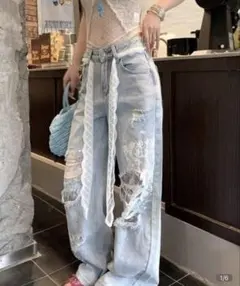 レース装飾 ダメージ加工 ワイドデニムパンツのサムネイル